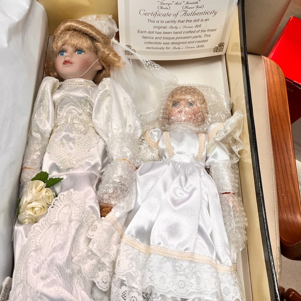 Baby's Dream Vintage Porcelain Bisque Bride & Flower Girl Dolls Set - NIB